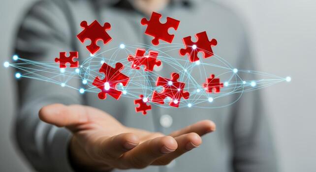 Person Presenting a Hologram of Puzzle Pieces Representing Problem Solving, Strategy and Connectivity in Business photo