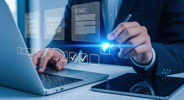 Online Form Completion with Digital Tick Boxes on Laptop, Man Using Technology for Confirmation photo