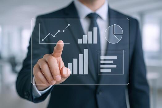 Businessman Analyzing Financial Data and Business Growth Metrics on a Transparent Digital Interface photo