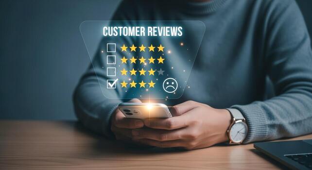 cliente realimentación holograma persona interactuando con digital revisión interfaz desplegado en teléfono inteligente pantalla, representando clasificación estrellas foto