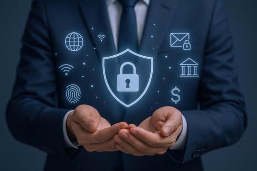 Cybersecurity Protection Man Presenting a Digital Shield with Padlock, Illustrating Data Protection and Online Security Measures photo