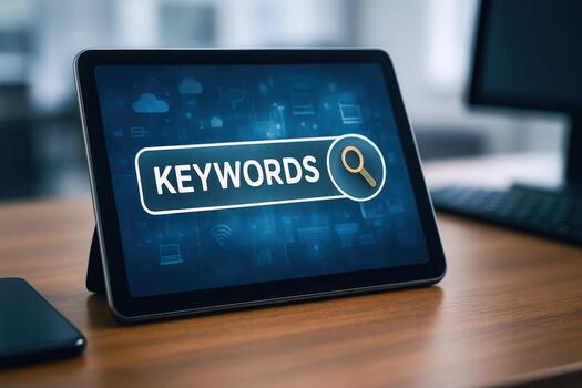 Digital Tablet Displaying a Keywords Search Bar on Wooden Desk for Online Marketing photo