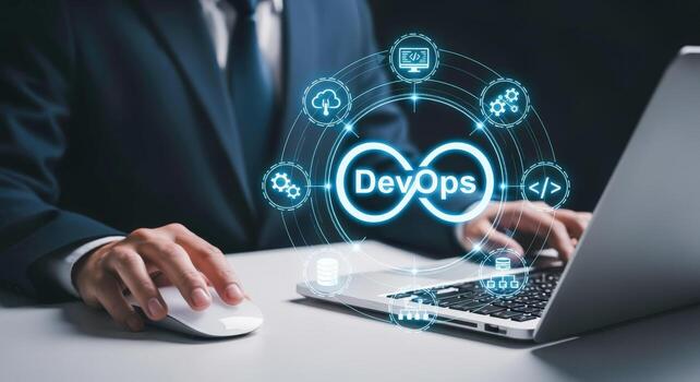 DevOps Engineer Working on Laptop with Digital Technology and Cloud Computing Solutions photo