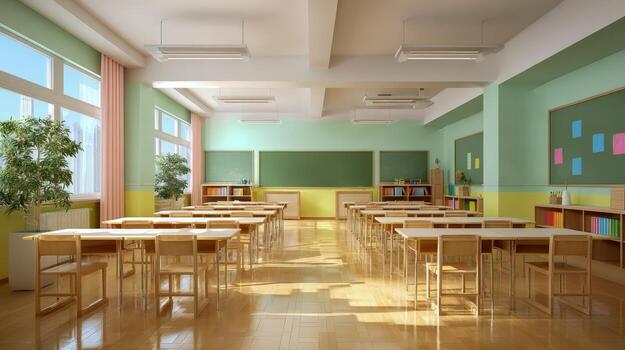 Bright Empty Classroom with Desks and Chalkboard Ready for Students, Emphasizing Education and Learning photo
