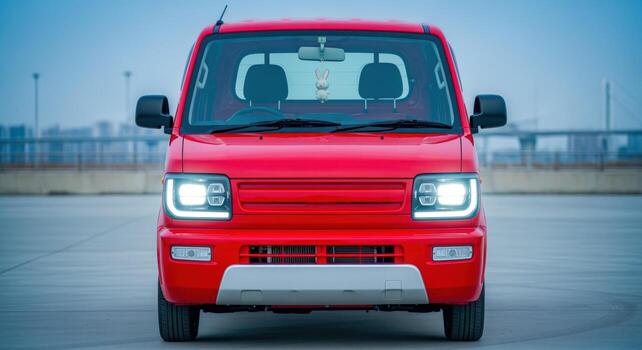 Compact Red Utility Vehicle Front View on Cloudy Day, Perfect for Small Business or Transportation photo