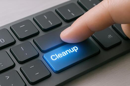 Closeup of Finger Pressing a Cleanup Button on a Keyboard, Concept of Digital Hygiene photo