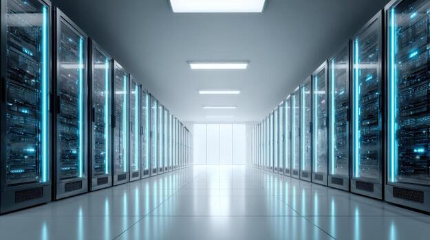 Server Room Interior Data Center Hallway with Rows of Rack Servers and Bright Light photo