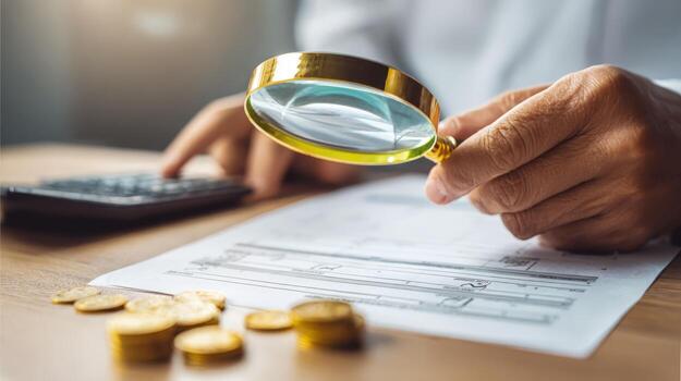 Auditing Financial Documents with Magnifying Glass Revealing Data Details for Accuracy and Verification on a Wooden Table photo