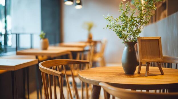 Cozy Cafe Interior Featuring Wooden Tables, Chairs, and Fresh Greenery in a Serene Setting photo