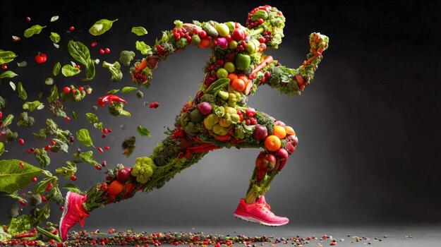 Running Figure Constructed from Fruits and Vegetables Symbolizing Healthy Lifestyle and Energetic Nutrition on Dark Background photo