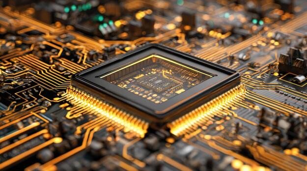 Advanced Microchip Technology with Golden Circuitry and Detailed Electronic Components for Modern Computing photo