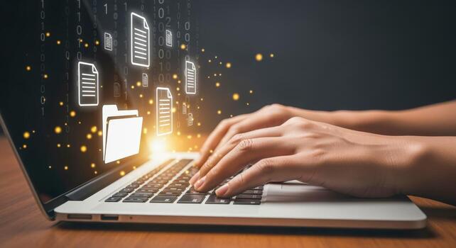 Data Management Hands Typing on Laptop with File Icons for Cloud Storage Access photo