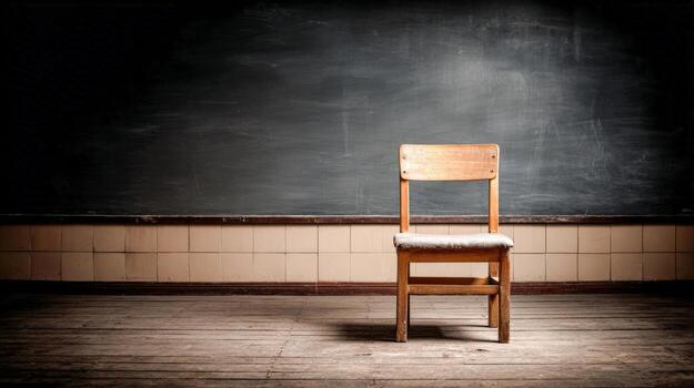 Empty Classroom Chair in Dark Setting, Depicting Education Challenges and School Environment photo