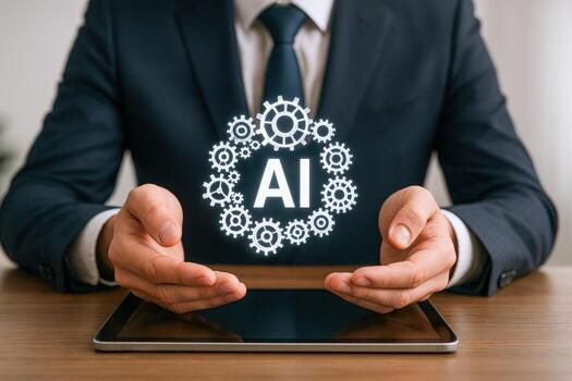 Businessman with AI Gears Hovering Above Tablet Depicts Technological Advancement and Innovation photo