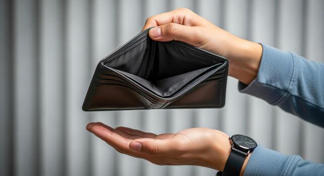 Empty Wallet Concept Financial Hardship and Economic Downturn, man showing open wallet photo