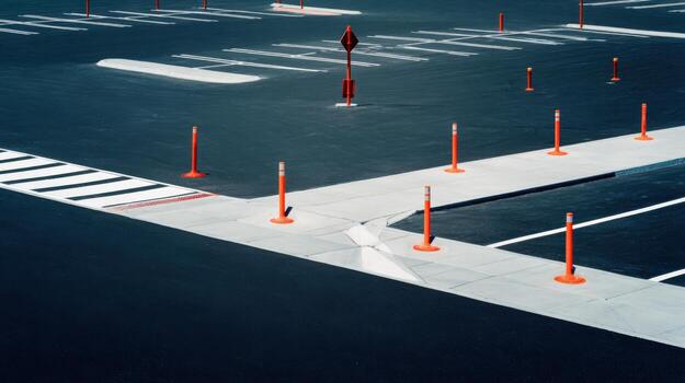 Empty Asphalt Parking Lot with Orange Traffic Cones and White Lines, Demonstrating Infrastructure Management photo