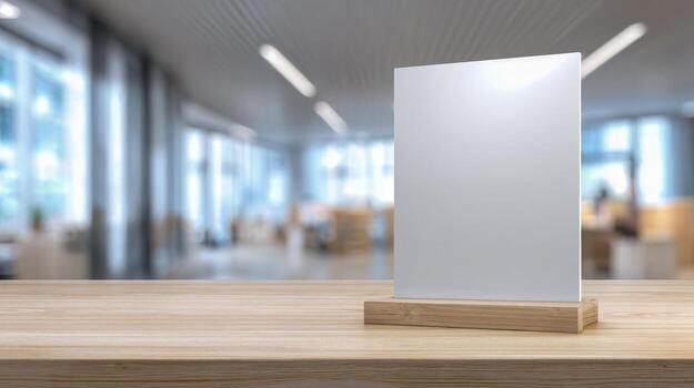 Blank Tabletop Display with Wooden Base in Modern Office Setting for Advertisement or Menu photo
