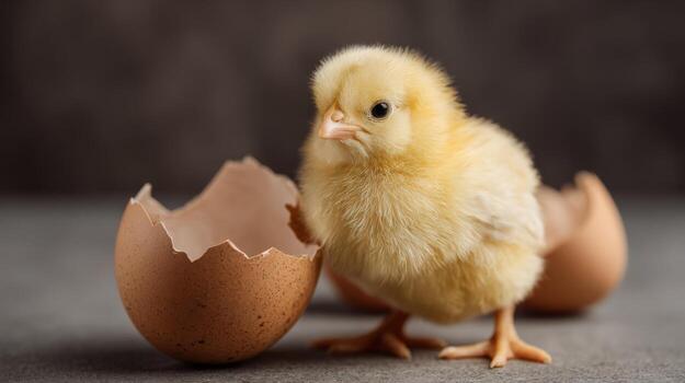 Adorable Yellow Chick Emerging from Eggshell on Textured Background, Symbolizing New Life and Easter photo