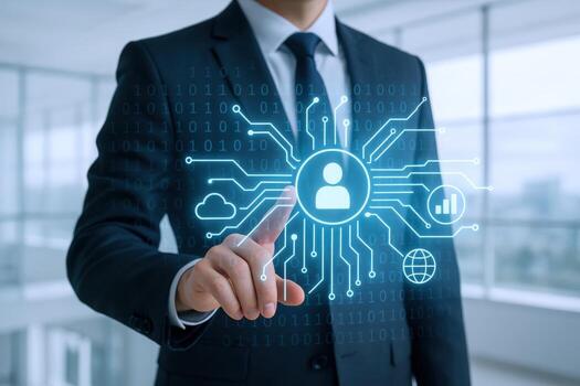 Business Professional Interacting with Digital Avatar Interface Representing Data Privacy and Cybersecurity Solutions in a Modern Office photo