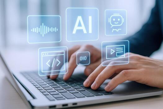 AI Integration Person Typing on Laptop with Artificial Intelligence Interface Overlay for Business Innovation photo