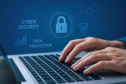 Cyber Security Data Protection Person Typing on Laptop Keyboard with Digital Security Overlay Concept photo
