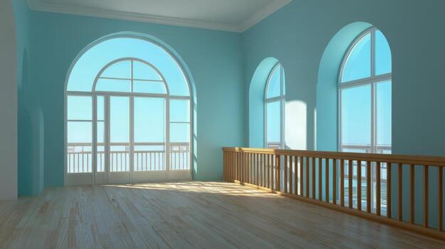 Bright Empty Room with Arched Windows and Wooden Railing, Interior Design Concept photo