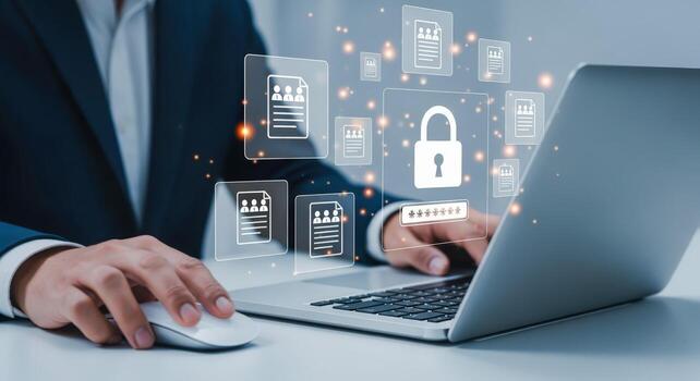 Data Protection Concept Man Using Laptop with Security Icons for Information Privacy and Cybersecurity photo