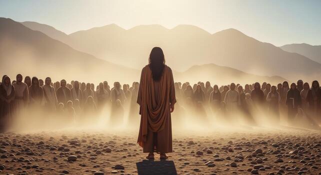 Figure in Robe Facing Crowd in Desert Landscape with Mountains Background and Dramatic Lighting photo