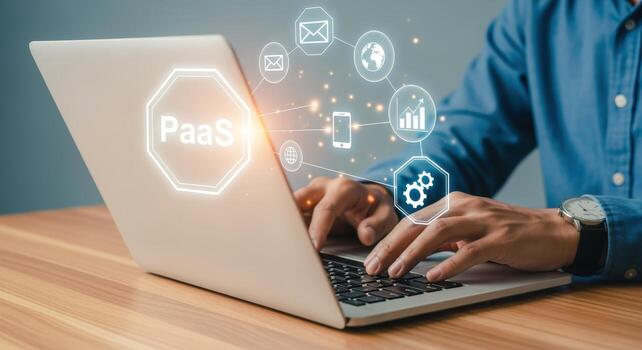 Platform as a Service Man coding with laptop on wooden desk Cloud computing and data management photo