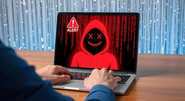 Person Typing on Laptop Displaying Hacker Alert Cybersecurity Threat and Online Fraud Concepts photo