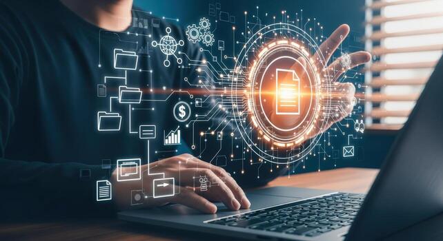 Digital Document Management System Businessman Navigating Electronic Files with Abstract Technology Overlay for Efficient Workflow photo
