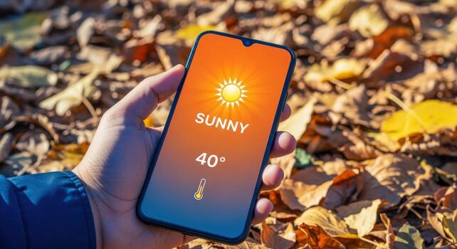 Smartphone Displaying Sunny Weather Forecast with High Temperature, Held Above Autumn Leaves photo