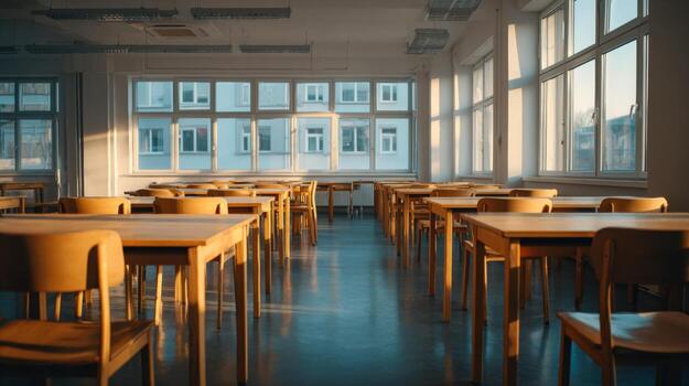 Empty Classroom with Rows of Desks Bathed in Sunlight, Ready for Students and Education photo