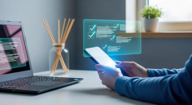Hands Holding Smartphone Displaying Digital Checklist Overlay with Laptop and Reed Diffuser on Desk photo