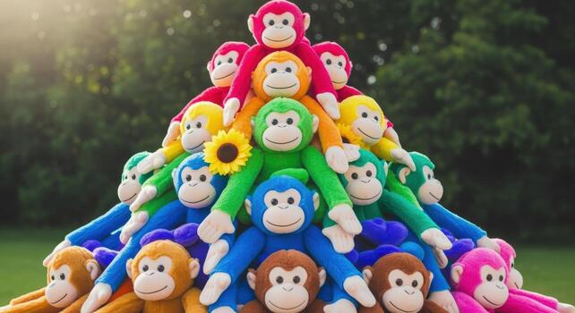 Colorful Pile of Stuffed Monkeys with Sunflower, Representing Fun, Playfulness, Unity, and Teamwork photo