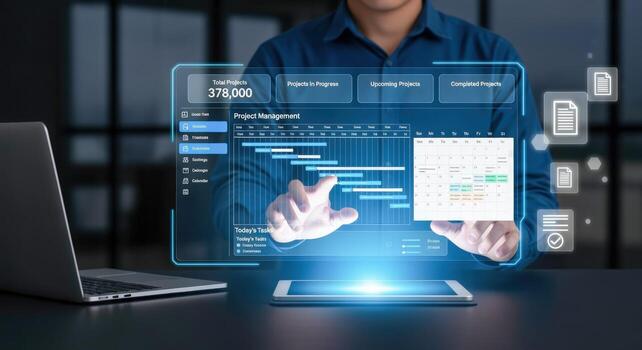 Project Management on Holographic Interface Display Agile Methodologies, Planning, Strategy and Gantt Chart photo