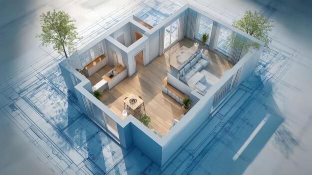 Architectural 3D Floor Plan Rendering of a Modern Apartment with Interior Design Elements and Blueprint Overlay photo