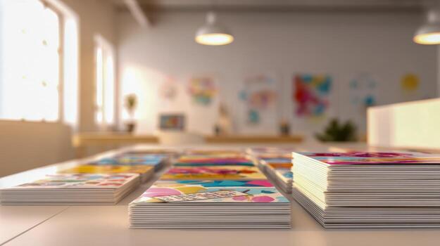 Professionally Printed Art Prints Stacked on White Table in Bright Studio, Art and Creative Workspace photo