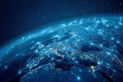 Global Network Connection Visualizing Data Exchange Across Europe From Space, Representing Global Connectivity photo