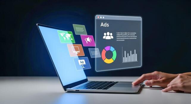 Laptop Displaying Digital Marketing Analytics and Online Advertising Campaign Data for Business Growth and Success photo