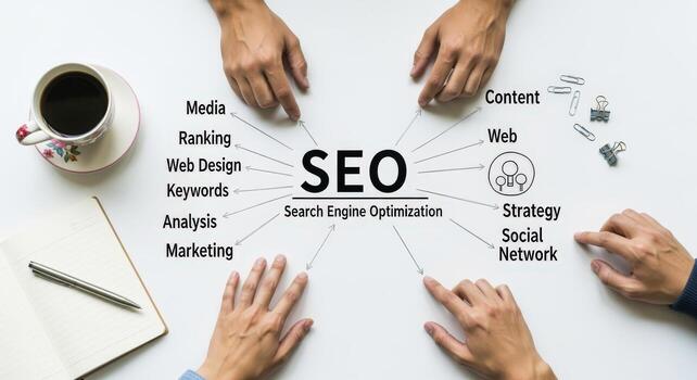 SEO strategy concept with keywords, web design, content marketing, analysis, and network presented on white background photo