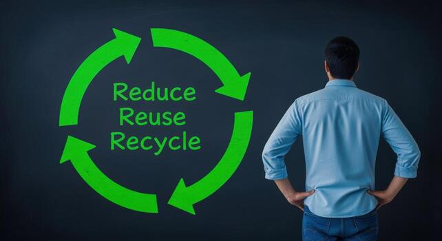 Reduce Reuse Recycle Concept Man Standing Before Symbol of Environmental Responsibility and Sustainability photo