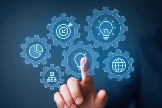 Business strategy and innovation depicted with gears and hand, showcasing teamwork, solutions, and technological advancement photo