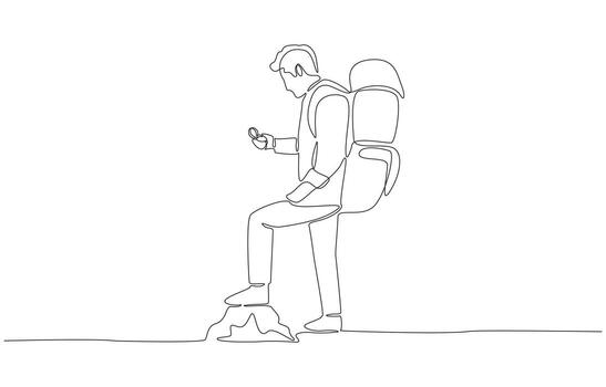continuo uno línea dibujo de mochilero mirando a Brújula, simbolizando exploración, aventura, dirección, espíritu de descubrimiento, soltero línea Arte. vector