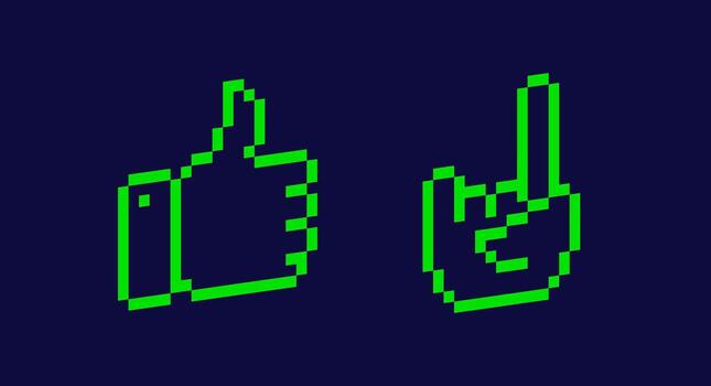 Y2K 3d pixel art user interface elements. Two isometric green gestures - cool and goat. vector