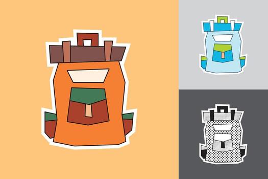 Backpack Sticker in Cutout Hand Drawn Style with Dark Line Art in Three Different Color Theme vector