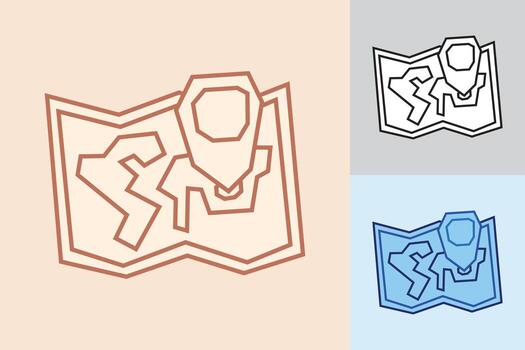 Map Icon in Cutout Hand Drawn Style with Bold Line Art in Three Different Color Style vector