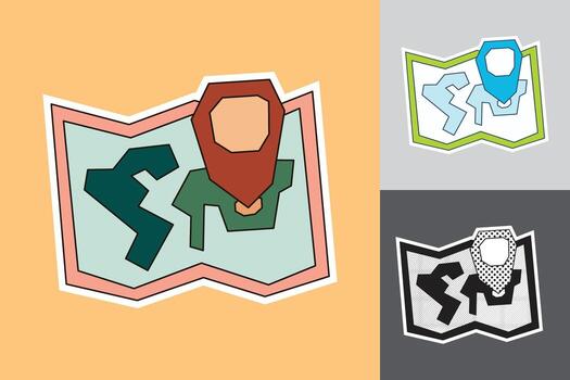 Map Sticker in Cutout Hand Drawn Style with Dark Line Art in Three Different Color Theme vector