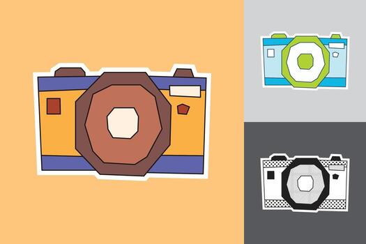 Camera Sticker in Cutout Hand Drawn Style with Dark Line Art in Three Different Color Theme vector