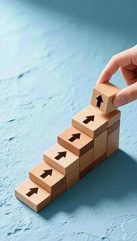 Wooden Puzzle Game with Hand Interaction on Blue Background photo